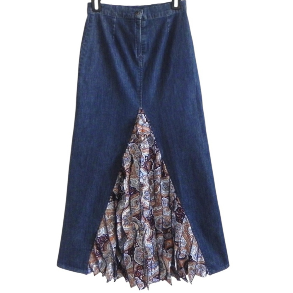 The Pyramid Collection Maxi Skirt A-Lined Denim/Rayon Paisley Ruffle Trim